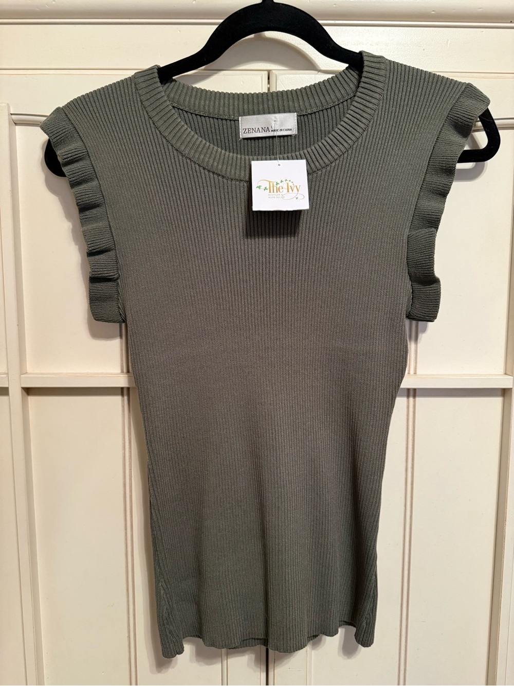 Zenana Outfitters Olive Ribbed Knit Ruffle Sleeve Tank